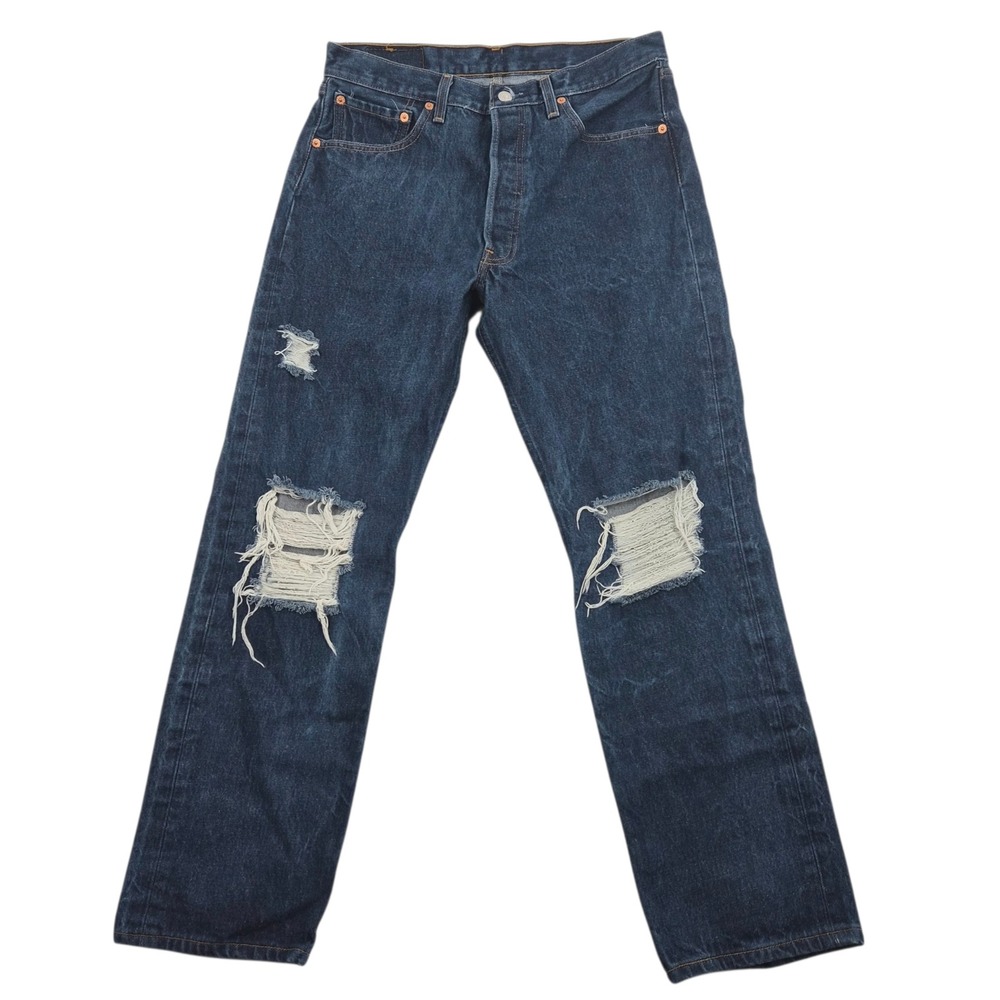 Levis 501xx Mens Distressed Straight Leg Jeans Dark‎ Wash Button Fly 34x33